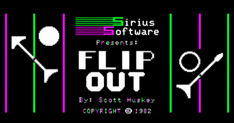 Flip Out title screen with green and magenta rails, flippers, and marbles, by Scott Huskey, copyright 1982