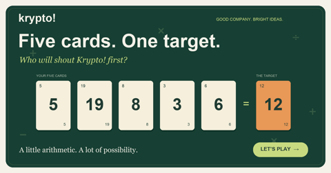 Krypto! Five cards and one target on a green card table